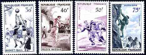 France 1956 Sports set of 4 unmounted mint SG 1297-1300, stamps on , stamps on  stamps on sport, stamps on rugby, stamps on basketball, stamps on mountaineering, stamps on pelota