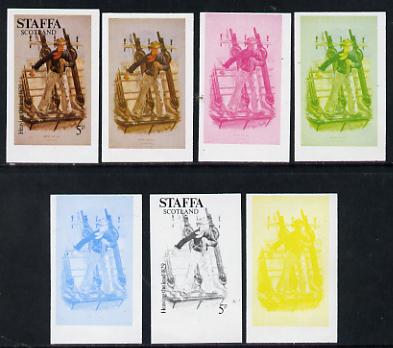 Staffa 1977 Sailor's' Uniforms 5p (Heaving the Lead 1829) set of 7 imperf progressive colour proofs comprising the 4 individual colours plus 2, 3 and all 4-colour composites unmounted mint, stamps on , stamps on  stamps on explorers, stamps on  stamps on ships, stamps on  stamps on militaria, stamps on  stamps on military uniforms