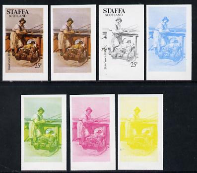 Staffa 1977 Sailor's' Uniforms 25p (Blake’s Men 1650) set of 7 imperf progressive colour proofs comprising the 4 individual colours plus 2, 3 and all 4-colour composites unmounted mint, stamps on explorers, stamps on ships, stamps on militaria, stamps on military uniforms