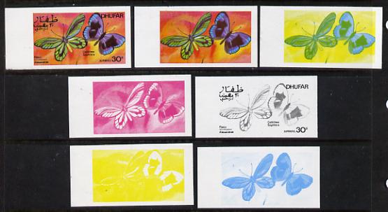 Dhufar 1977 Butterflies 30b (Pakio Alexandrae & Callithea Saphhira) set of 7 imperf progressive colour proofs comprising the 4 individual colours plus 2, 3 and all 4-colo..., stamps on butterflies