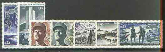 France 1969 25th Anniversary of Resistance & Liberation set of 7 unmounted mint, SG 1834-40*, stamps on , stamps on  ww2 , stamps on parachutes, stamps on aviation, stamps on battles, stamps on militaria, stamps on monuments, stamps on tanks