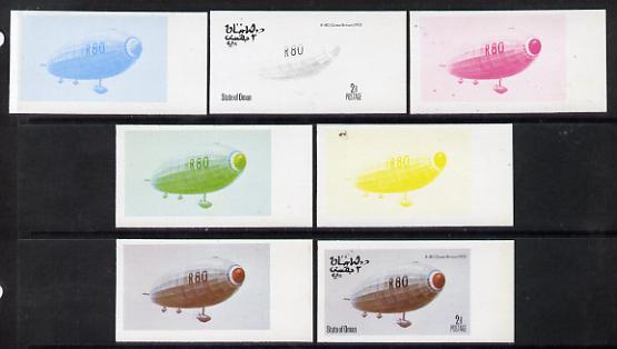 Oman 1977 Airships 2b (R80 of Great Britain - 1920) set of 7 imperf progressive colour proofs comprising the 4 individual colours plus 2, 3 and all 4-colour composites unmounted mint, stamps on , stamps on  stamps on aviation, stamps on  stamps on airships