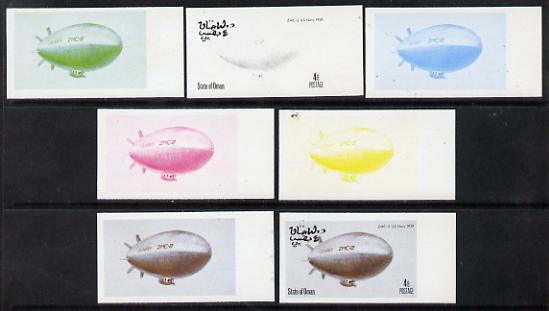 Oman 1977 Airships 4b (ZMC-2 of US Navy 1929) set of 7 imperf progressive colour proofs comprising the 4 individual colours plus 2, 3 and all 4-colour composites unmounted mint, stamps on aviation, stamps on airships