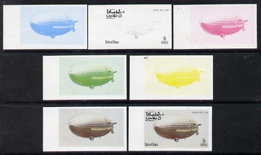 Oman 1977 Airships 5b (Akron ZRS-4 1929) set of 7 imperf progressive colour proofs comprising the 4 individual colours plus 2, 3 and all 4-colour composites unmounted mint, stamps on aviation, stamps on airships