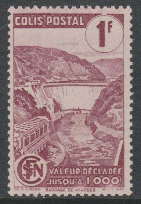 France - SNCF Railway Parcel Stamp 1944 Mareges Dam 1f purple unmounted mint, Yv 216*