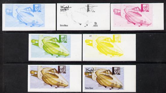 Oman 1977 Airships 10b (Von Zeppelin LZ-1) set of 7 imperf progressive colour proofs comprising the 4 individual colours plus 2, 3 and all 4-colour composites unmounted mint, stamps on , stamps on  stamps on aviation, stamps on  stamps on airships, stamps on  stamps on zeppelins