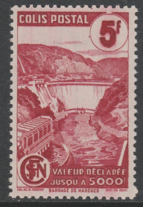 France - SNCF Railway Parcel Stamp 1944 Mareges Dam 5f carmine unmounted mint, Yv 217*