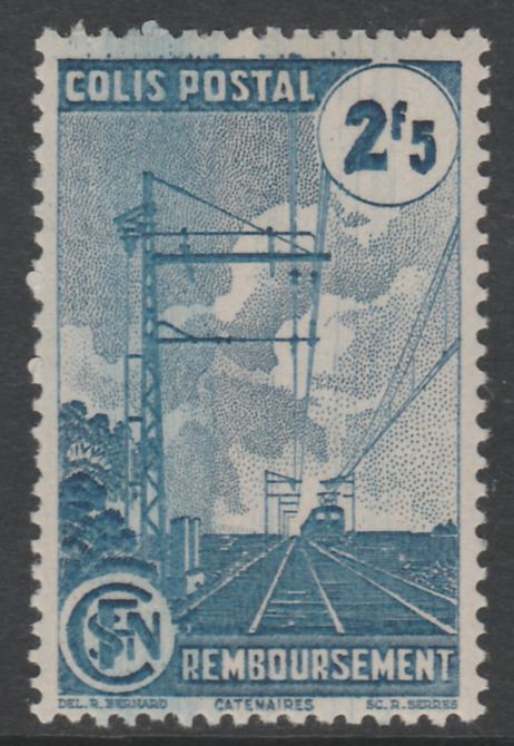 France - SNCF Railway Parcel Stamp 1944 Electric Catenaries 2f5 blue unmounted mint, Yv 218*, stamps on railways, stamps on energy