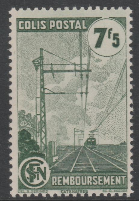 France - SNCF Railway Parcel Stamp 1944 Electric Catenaries 7f5 green unmounted mint, Yv 219*, stamps on railways, stamps on energy