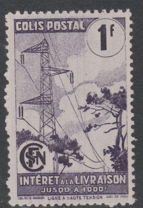 France - SNCF Railway Parcel Stamp 1944 Electric Pylons 1f violet unmounted mint, Yv 220*, stamps on railways, stamps on energy