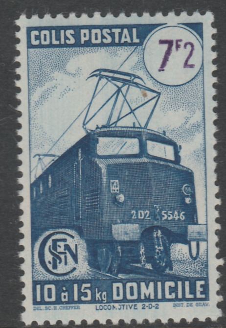 France - SNCF Railway Parcel Stamp 1945 Electric Locomotive 7f2 blue & violet unmounted mint, Yv 231*, stamps on railways, stamps on energy