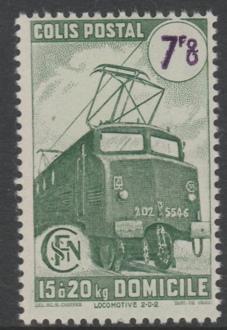 France - SNCF Railway Parcel Stamp 1945 Electric Locomotive 7f8 green & violet unmounted mint, Yv 232*, stamps on , stamps on  stamps on railways, stamps on energy