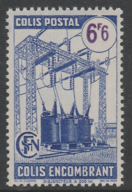 France - SNCF Railway Parcel Stamp 1945 Transformers 6f6 blue & violet unmounted mint, Yv 233*, stamps on railways, stamps on energy
