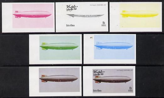 Oman 1977 Airships 15b (Graf Zeppelin Hindenberg 1937) set of 7 imperf progressive colour proofs comprising the 4 individual colours plus 2, 3 and all 4-colour composites unmounted mint