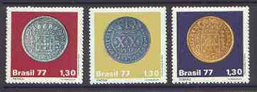 Brazil 1977 Colonial Coins set of 3 unmounted mint, SG 1676-78*, stamps on , stamps on  stamps on coins, stamps on money