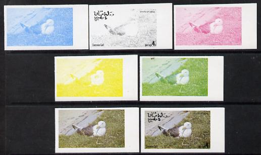 Oman 1977 Birds #2 4b (Common Gull) set of 7 imperf progressive colour proofs comprising the 4 individual colours plus 2, 3 and all 4-colour composites unmounted mint, stamps on birds