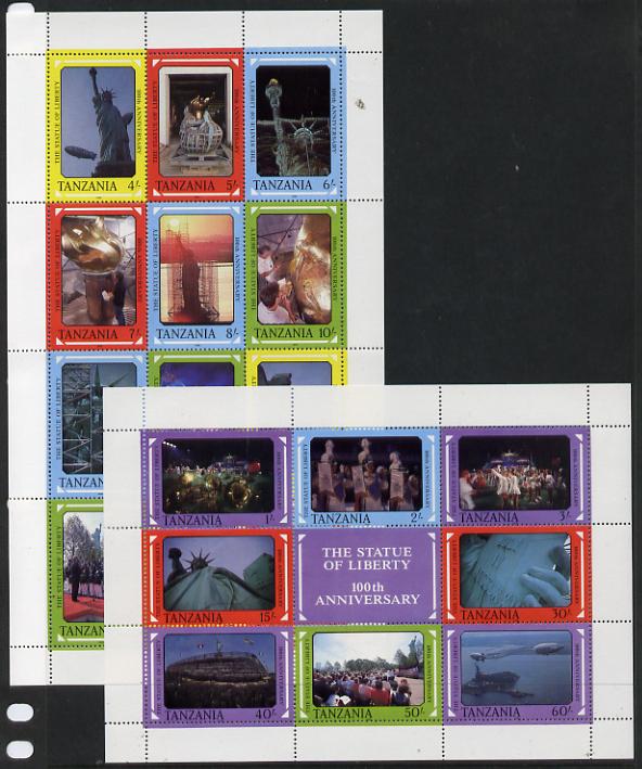 Tanzania 1988 Statue of Liberty unissued set of 20 vals in 2 sheetlets unmounted mint, stamps on , stamps on  stamps on monuments    civil engineering    statues    airships     music  americana