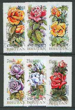 Bhutan 1973 Roses (on scented paper), perf set of 6 very fine cto used, Mi 545-50A*, stamps on , stamps on  stamps on flowers, stamps on roses