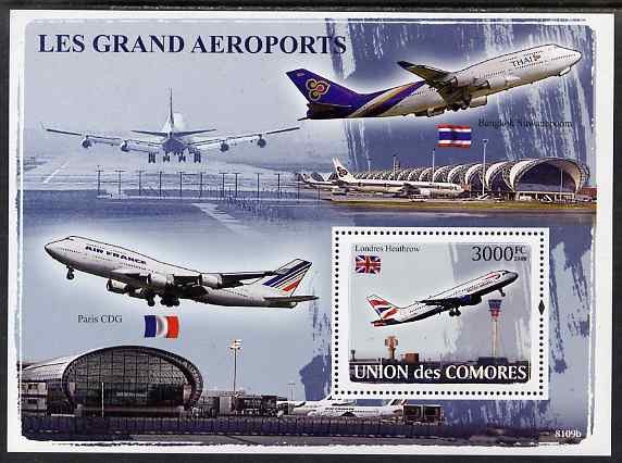 Comoro Islands 2009 Airports perf s/sheet unmounted mint, Michel BL449, stamps on , stamps on  stamps on airports, stamps on  stamps on aviation