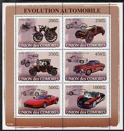 Comoro Islands 2009 Evolution of the Car perf sheetlet containing 6 values unmounted mint, Michel 1831-36, stamps on , stamps on  stamps on cars, stamps on  stamps on daimler, stamps on  stamps on renault, stamps on  stamps on ford, stamps on  stamps on mercedes, stamps on  stamps on ferrari, stamps on  stamps on bugatti