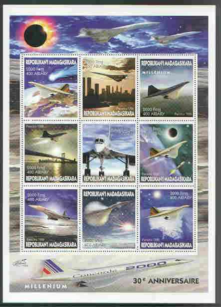 Madagascar 2000 Concorde perf sheetlet containing set of 9 values unmounted mint, stamps on aviation, stamps on concorde, stamps on eclipse, stamps on bridges