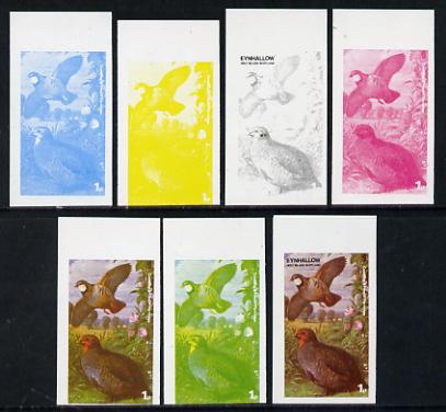 Eynhallow 1977 Birds #01 Common French Partridge 1p set of 7 imperf progressive colour proofs comprising the 4 individual colours plus 2, 3 and all 4-colour composites unmounted mint, stamps on birds, stamps on game