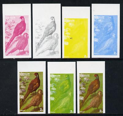 Eynhallow 1977 Birds #01 Pheasants 2p set of 7 imperf progressive colour proofs comprising the 4 individual colours plus 2, 3 and all 4-colour composites unmounted mint, stamps on , stamps on  stamps on birds     game