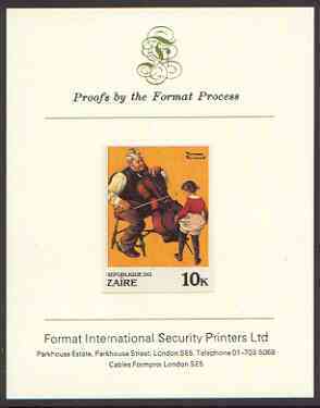 Zaire 1981 Girl Dancing to Cello by Norman Rockwell 10k imperf proof mounted on Format International proof card, stamps on , stamps on  stamps on arts, stamps on dancing, stamps on music, stamps on  stamps on musical instruments