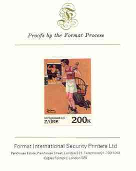 Zaire 1981 Exercising with Dumb bells by Norman Rockwell 200k imperf proof mounted on Format International proof card