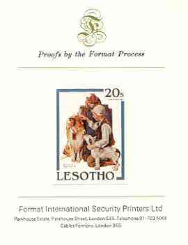 Lesotho 1981 Raleigh Rockwell Travels (Dogs) by Norman Rockwell 20s imperf proof mounted on Format International proof card, stamps on arts, stamps on dogs