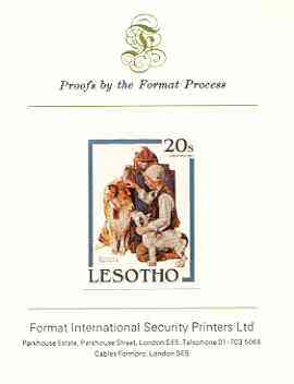 Lesotho 1981 Raleigh Rockwell Travels (Dogs) by Norman Rockwell 20s imperf proof mounted on Format International proof card, stamps on , stamps on  stamps on arts, stamps on dogs