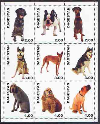 Dagestan Republic 2000 Dogs (Various breeds) perf sheetlet containing complete set of 9 values unmounted mint, stamps on , stamps on  stamps on dogs, stamps on bullmastiff, stamps on boston terrier, stamps on doberman, stamps on spaniel, stamps on 