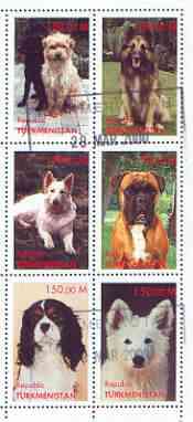 Turkmenistan 2000 Dogs perf sheetlet containing complete set of 6 values fine used, stamps on dogs, stamps on  gsd , stamps on boxer, stamps on spaniel