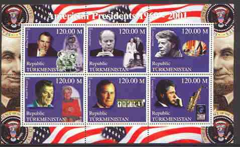 Turkmenistan 2000 US Presidents #01 perf sheet of 6 unmounted mint, containing Nixon, Ford, Carter, Regan, Bush & Clinton, background shows Space, Dog, Table Tennis & Sax. , stamps on , stamps on  stamps on personalities, stamps on americana, stamps on constitutions, stamps on music, stamps on dogs, stamps on table tennis, stamps on space, stamps on  stamps on nato