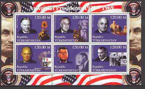 Turkmenistan 2000 US Presidents #02 perf sheet of 6 unmounted mint, containing Roosevelt, Hoover, Truman, Johnson, Eisenhower & Kennedy background shows Einstein, Dog, Golf & M L King, stamps on , stamps on  stamps on personalities, stamps on americana, stamps on constitutions, stamps on dogs, stamps on golf, stamps on einstein, stamps on science, stamps on judaica, stamps on  stamps on kennedy, stamps on  stamps on nato, stamps on  stamps on nobel, stamps on  stamps on bridge (card game)     , stamps on  stamps on personalities, stamps on  stamps on einstein, stamps on  stamps on science, stamps on  stamps on physics, stamps on  stamps on nobel, stamps on  stamps on maths, stamps on  stamps on space, stamps on  stamps on judaica, stamps on  stamps on atomics