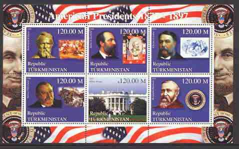 Turkmenistan 2000 US Presidents #03 perf sheet of 6 unmounted mint, containing Hayes, Garfield, Arthur, Cleveland & Harrison, background shows Trains, Horses, & Red Indians, stamps on , stamps on  stamps on personalities, stamps on americana, stamps on constitutions, stamps on railways, stamps on  stamps on horses, stamps on indians