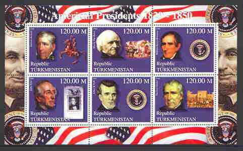 Turkmenistan 2000 US Presidents #05 perf sheet of 6 unmounted mint, containing Jackson, Buren, Harrison, Tyler, Polk & Taylor, background shows Horses & Militaria, stamps on , stamps on  stamps on personalities, stamps on americana, stamps on constitutions, stamps on militaria, stamps on  stamps on horses, stamps on 