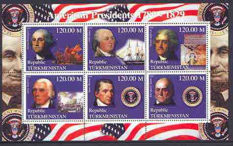 Turkmenistan 2000 US Presidents #07 perf sheet of 6 unmounted mint, containing Washington, J Adams, Jefferson, Madison, Monroe & J Q Adams, background shows Ships & Militaria, stamps on personalities, stamps on americana, stamps on constitutions, stamps on ships, stamps on militaria, stamps on masonics, stamps on marilyn monroe, stamps on masonry