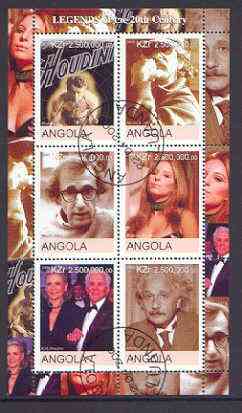 Angola 2000 Legends of the 20th Century perf sheetlet containing 6 values (Houdini, Spielberg, Woody Allen, Strisand, Kirk Douglas & Einstein) fine cto used, stamps on personalities, stamps on entertainments, stamps on films, stamps on cinema, stamps on einstein, stamps on science, stamps on nobel, stamps on physics, stamps on judaica, stamps on masonics, stamps on millennium, stamps on personalities, stamps on einstein, stamps on science, stamps on physics, stamps on nobel, stamps on maths, stamps on space, stamps on judaica, stamps on atomics, stamps on masonry