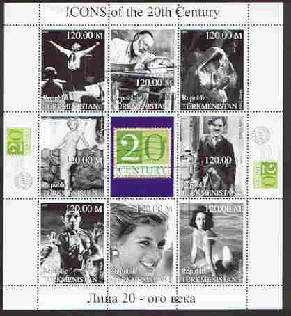 Turkmenistan 1999 Icons of the 20th Century #2 perf sheetlet containing set of 8 values  (Mother Teresa, C Chaplin, Marilyn, Diana etc) unmounted mint, stamps on personalities, stamps on literature, stamps on marilyn monroe, stamps on movies, stamps on cinema, stamps on films, stamps on music, stamps on diana, stamps on millennium, stamps on judaica, stamps on comedy, stamps on chaplin