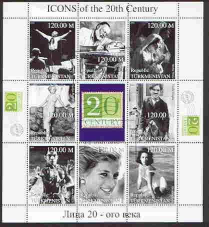 Turkmenistan 1999 Icons of the 20th Century #2 perf sheetlet containing set of 8 values  (Mother Teresa, C Chaplin, Marilyn, Diana etc) unmounted mint, stamps on , stamps on  stamps on personalities, stamps on literature, stamps on marilyn monroe, stamps on movies, stamps on cinema, stamps on films, stamps on music, stamps on diana, stamps on millennium, stamps on judaica, stamps on  stamps on comedy, stamps on  stamps on chaplin