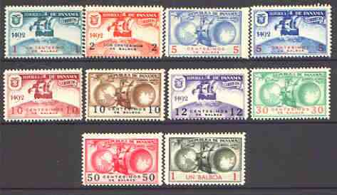 Panama 1936c Columbus set of 10 unmounted mint (prepared for use but never issued), stamps on , stamps on  stamps on ships, stamps on explorers, stamps on columbus, stamps on aviation