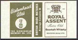 Match Box Labels - Royal Assent (Scotch Whisky) 'All Round the Box' matchbox label in superb unused condition, stamps on , stamps on  stamps on alcohol, stamps on whisky, stamps on  stamps on scots, stamps on  stamps on scotland