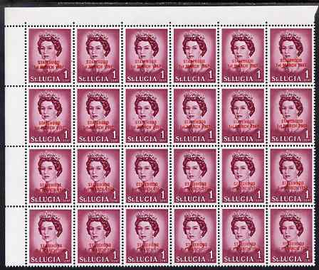 St Lucia 1967 unissued 1c with Statehood overprint in red, unmounted mint corner block of 24, one stamp with L flaw on R4/6, stamps on , stamps on  stamps on royalty