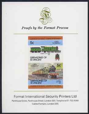 St Vincent - Grenadines 1984 Locomotives #2 (Leaders of the World) 5c (4-4-2 Class V) imperf se-tenant proof pair mounted on Format International proof card, stamps on railways