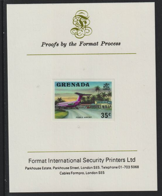 Grenada 1975 Pearls Airport 35c imperf proof mounted on Format International proof card (as SG 661), stamps on , stamps on  stamps on aviation, stamps on airports