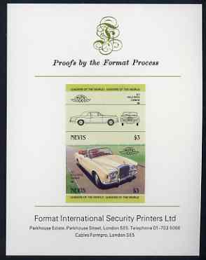 Nevis 1985 $3 Rolls Royce Corniche (1971) imperf se-tenant proof pair mounted on Format International proof card (as SG 263a), stamps on cars, stamps on rolls royce