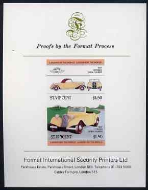 St Vincent 1983 $1.50 Citroen Tourer (1937) imperf se-tenant proof pair mounted on Format International proof card (as SG 731a), stamps on , stamps on  stamps on cars, stamps on citroen