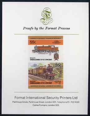 St Vincent - Bequia 55c Stephenson (4-6-4T) imperf se-tenant proof pair mounted on Format International proof card, stamps on railways