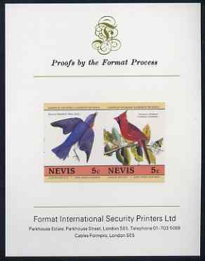Nevis 1985 Bluebird & Cardinal (John Audubon 5c) imperf se-tenant proof pair mounted on Format International proof card (as SG 269a), stamps on audubon, stamps on birds, stamps on 